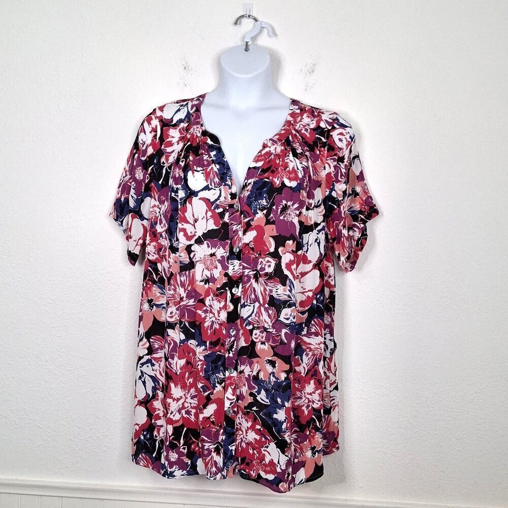Roamans Floral Blouse Sz 18W Button Down Colorful Whimsygoth Boho Beach